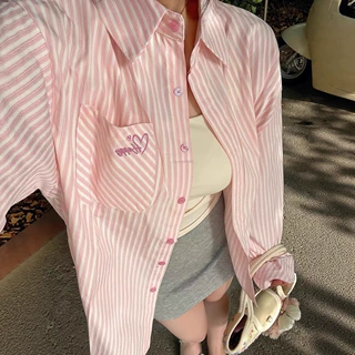 原做法条纹衬衫女夏季薄款小众设计感防晒休闲宽松外套慵懒风批发