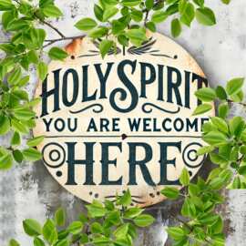 1 件复古风格「圣灵欢迎您」圆形金属墙艺术 - 波西米亚风格铝箔