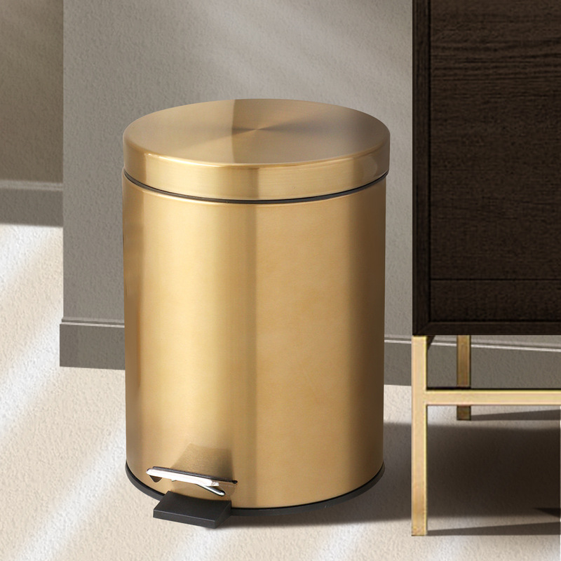 Cross-Border 8L Champagne Gold Round Silent Trash Can Kitchen Foot-Operated Storage Bucket with Lid Slow-Down Cleaning Bucket
