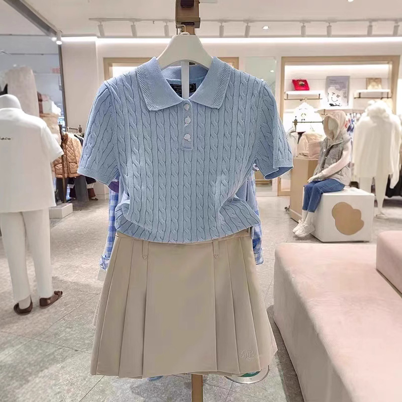 Milk Blue Cable Knit Polo Collar Short-Sleeve T-Shirt for Women, Summer Gentle and Age-Reducing Petite Top