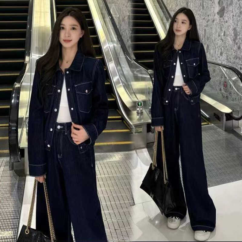 港风复古牛仔套装女2025春季新款时尚洋气短外套阔腿裤气质两件套|undefined