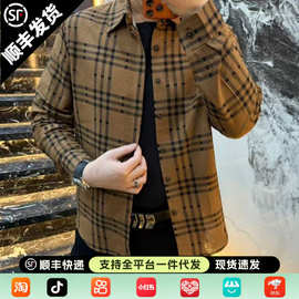 2026新款男士春秋休闲高品质格子领夹克时尚潮流百搭感商务气质款