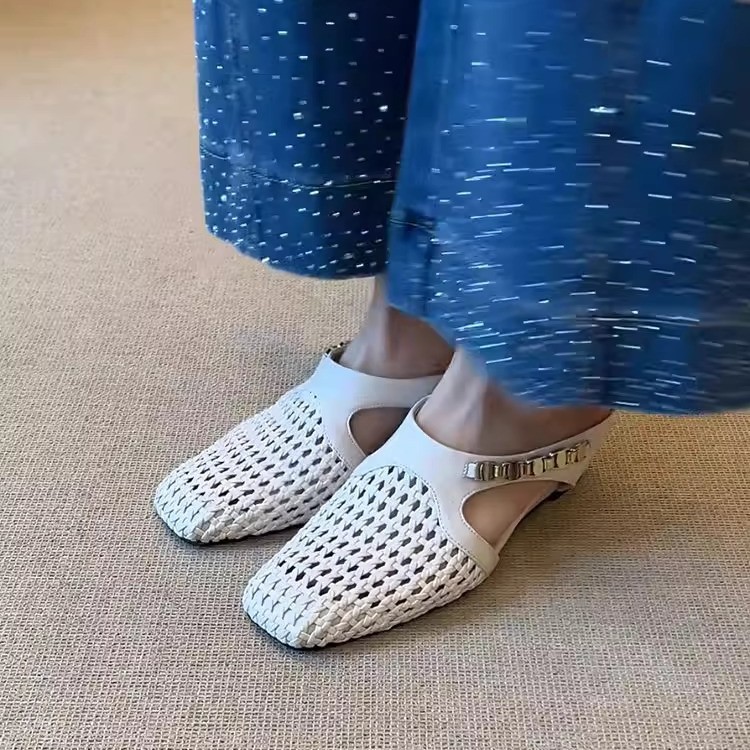 Versión de piel de oveja con aumento interior de 7cm tejido hueca puntera media pantuflas penetrantes exteriores a juego de aire falda sandalias de plataforma mujer