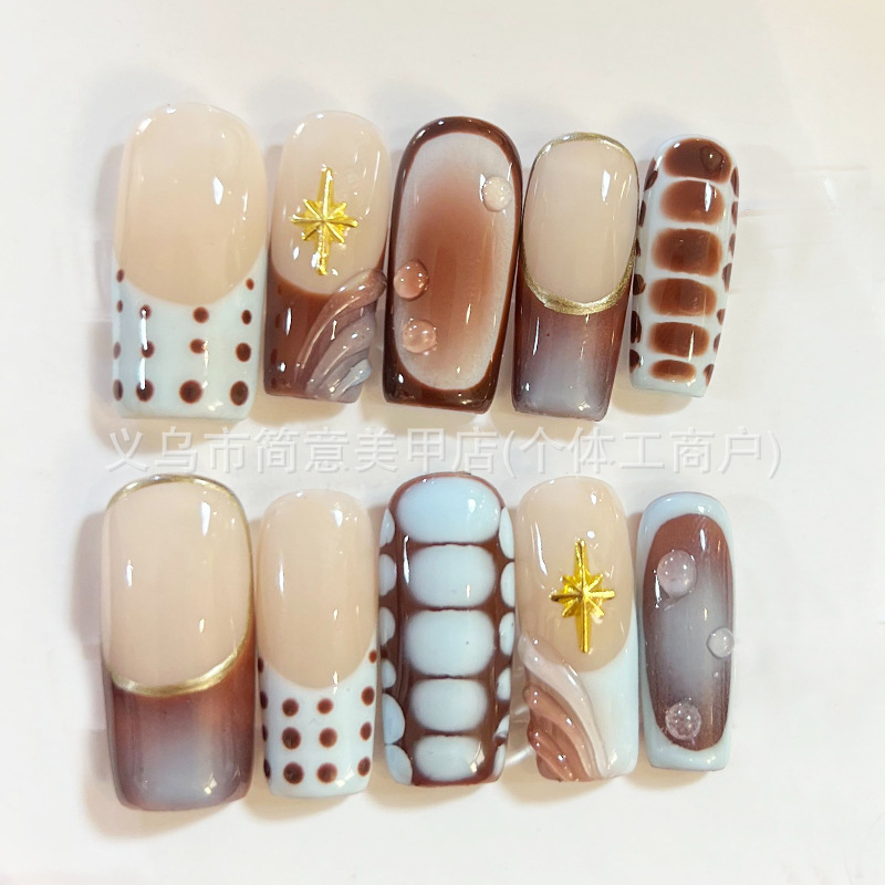 Cross-border bestseller: Coffee-colored polka dot handmade press-on nails with gradient hand-painted French medium-long starburst design, wholesale Cross-border bestseller: Coffee-colored polka dot handmade press-on nails with gradient hand-painted French medium-long starburst design, wholesale