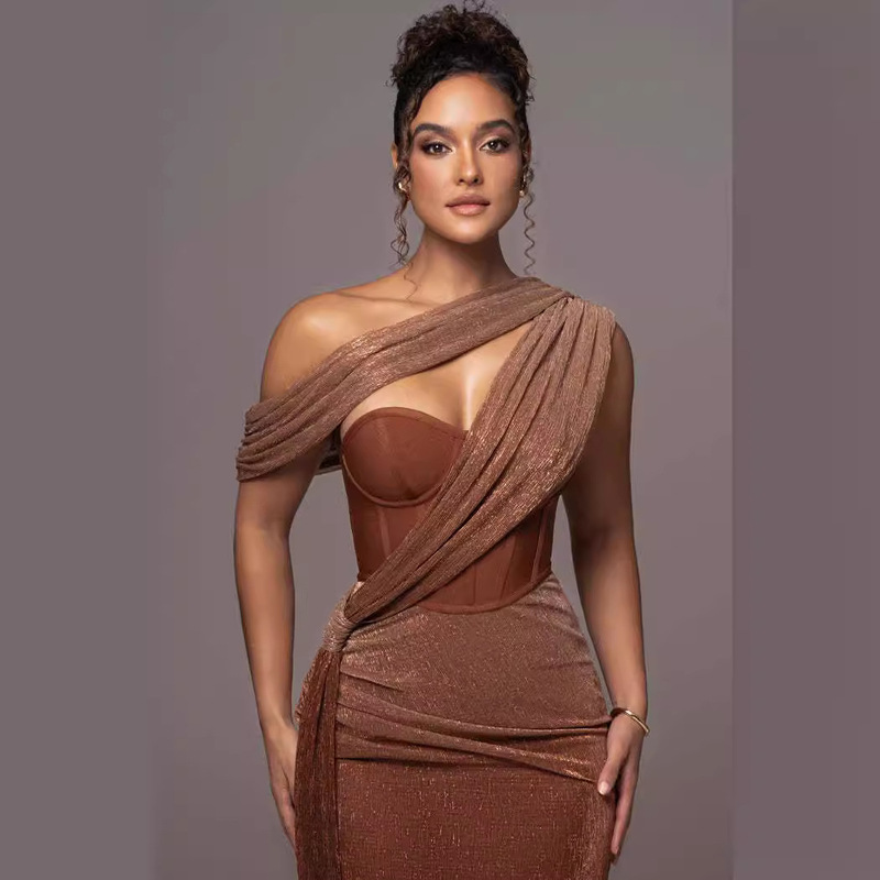 Independent Station New European and American Style Fashionable Slant Shoulder Sexy Hip Skirt Hollow Slim-Fit Strap Design Sense dress