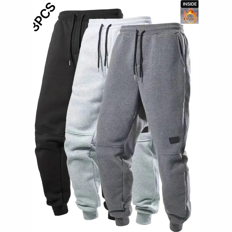 Cross-Border European Size Men's Fleece Solid Color Sports Casual Pants with Drawstring Casual Warm Sports Trousers Suitable for