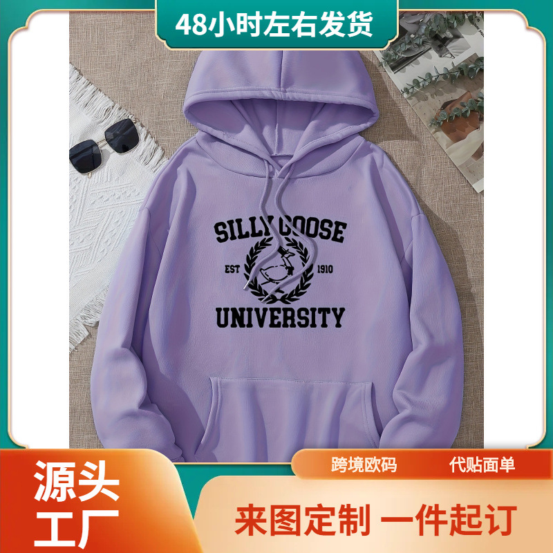 Silly Goose Print Hoodie, Casual Pocket Long Sleeve Tunic Hooded Sweatshirt, Women's Clothing