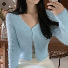 韩版早秋冬新打底复古百搭领修身显瘦毛茸茸针织开衫