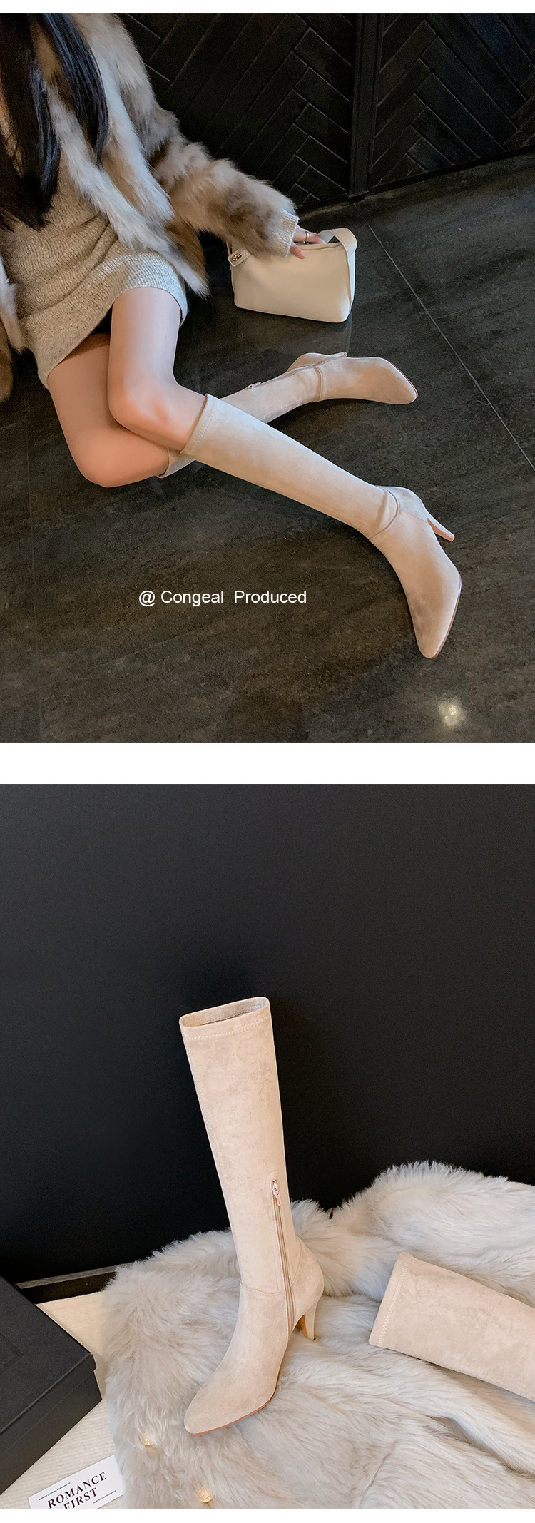 Boot nữ cổ cao trên gối mũi nhọn gót cao 9 cm chất da lộn co giãn — Lớp lót nhung tiêu chuẩn màu đen trên đầu gối, Lớp lót nhung lớn màu mơ trên đầu gối, Giày bốt cao cấp lót nhung tiêu chuẩn màu mơ, Lớp lót nhung đen trên đầu gối chi tiết 15