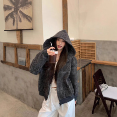 【自家工厂现货】条纹拉链连帽卫衣外套女美式复古宽松慵懒上衣