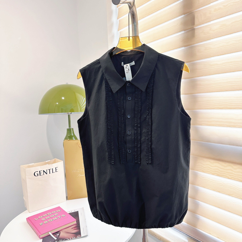in stock/Otaku Women's Fungus Lace Pleated Half Open Collar Lightweight Casual Elaeity Adjustment Pure Cotton Sleeveless Shirt Vest