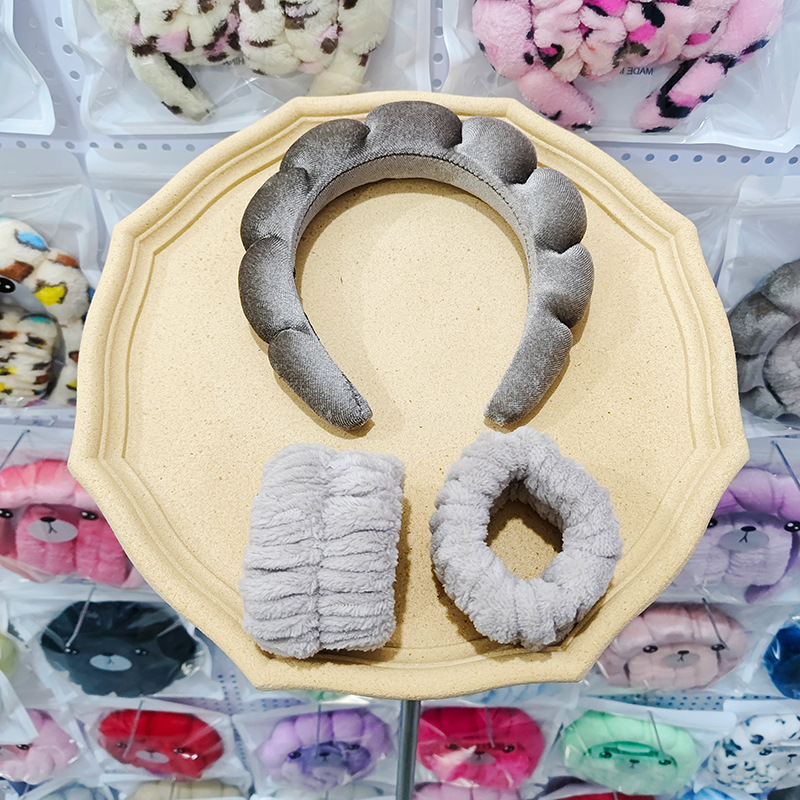 골드 벨벳 그레이 헤어밴드 + 손목 스트랩 2개(솔기 인터페이스)