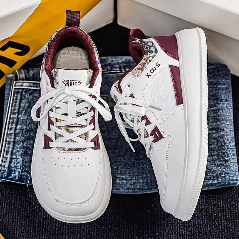 Giày sneaker cổ thấp mũi tròn rộng, đế dày tăng chiều cao, mặt da chống nước, dây buộc — Bạch tửu đỏ 8811, Trắng kaki 8811, Trắng đen 8811