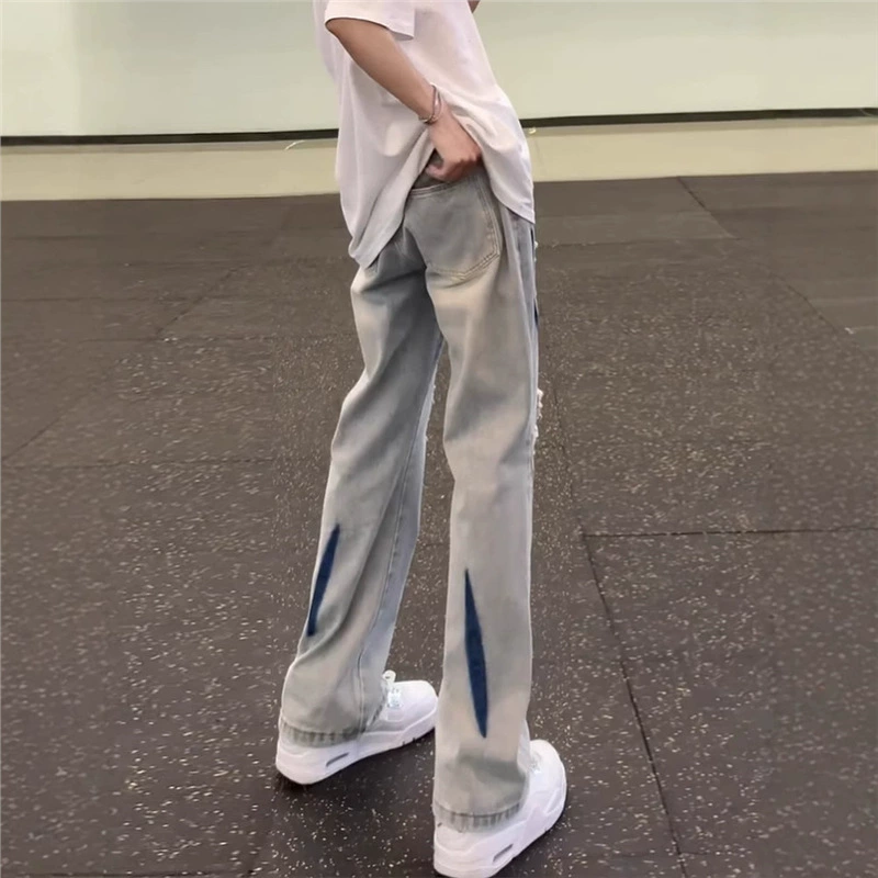 Американские высокие улицы Прямые штаны с пряными пряными брюками, окрашенные в дыры, джинсы, мужские осенние и зимние приливы, красивые жареные уличные брюки