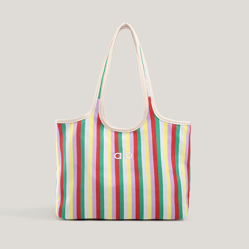 Cross-Border Women's New Artistic Tote Bag, Striped Large Capacity Shoulder Bag, Canvas Commuter Handbag - Thumbnail 3