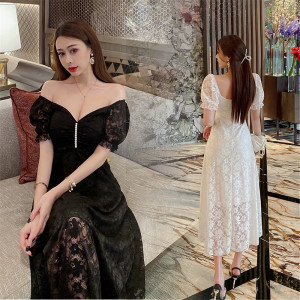 Nightclub sexy V-neck low cut open back slim lace A-line umbrella long dress party dress short sleeve dress