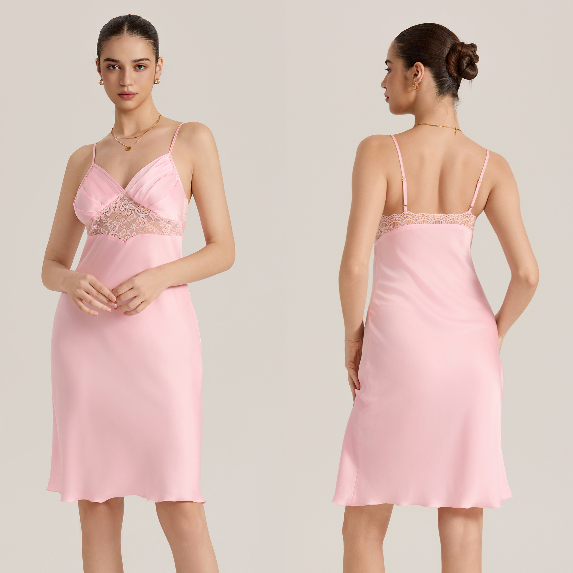 Nuevo sexy encaje empalmado ping-pong pijama damas verano sencillo satén chiffón ropa para el hogar CQ3914