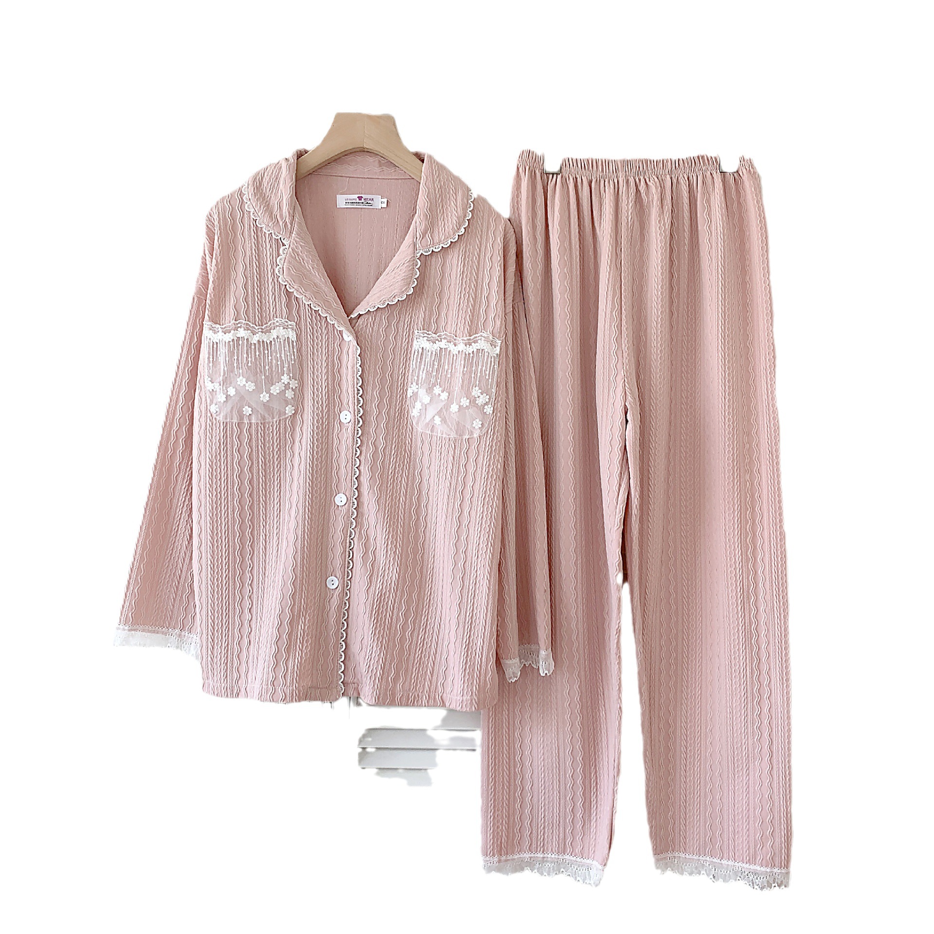 Estilo Chanel Sucio rosa pijamas de las mujeres jacquard algodón solapa cardigan manga larga otoño y el invierno dulce niña casual desgaste del hogar traje