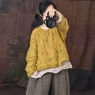 4310高支数码印花苎麻V领外套宽松文艺套头麻衫