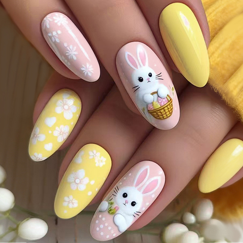 Cross-Border Easter Manicure with Soft Pink and Yellow Easter Eggs, Bunny Design, Flower Press-On Fake Nails Cross-Border Easter Manicure with Soft Pink and Yellow Easter Eggs, Bunny Design, Flower Press-On Fake Nails