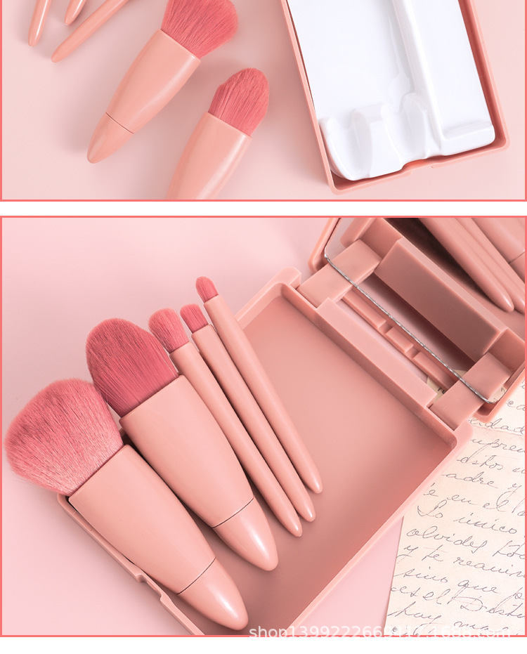 Portable makeup brush set: foundation brush, loose powder, eyeshadow brush, lip brush, complete set of soft bristles with makeup mirror box undefined