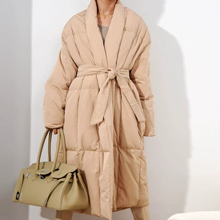 外贸加厚极简羽绒服女时尚保暖过膝宽松白鸭绒外套欧美风斗篷型