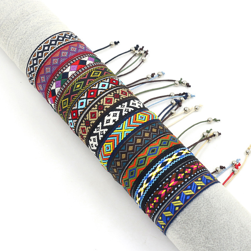 Cross-Border Ethnic Style Jacquard Geometric Webbing Lace Bracelet, Personalized Adjustable Colorful Wristband, Nepalese Bracelet