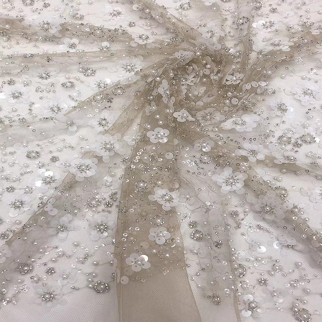 Estilo de hadas Plum Blossom bordado doble con cuentas 3/7mm vestido de lentejuelas bordado vestido de noche de la boda con cuentas bordado tela JX3519