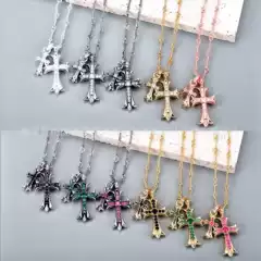 Ch Trendy Brand Crowe S925 Silver Vintage Distressed Ins Style Couple Men and Women Pendant Double Cross Necklace Jewelry