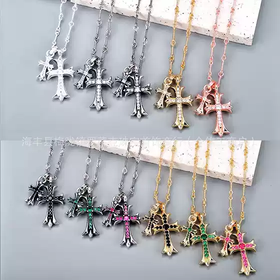 Ch Trendy Brand Crowe S925 Silver Vintage Distressed Ins Style Couple Men and Women Pendant Double Cross Necklace Jewelry