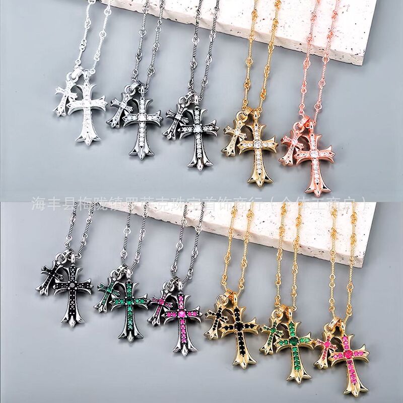 Ch Trendy Brand Crowe S925 Silver Vintage Distressed Ins Style Couple Men and Women Pendant Double Cross Necklace Jewelry
