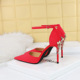 283-18 style metal decorative high heel plaid embossed suede shallow cut pointed hollow band sandals