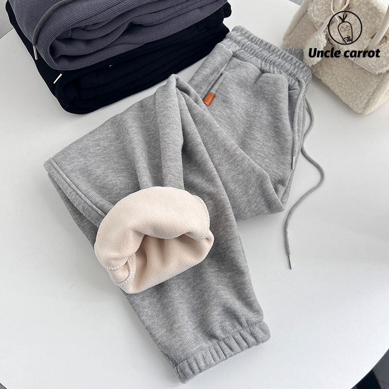580G 폴라 플리스 가을과 겨울 기모 발가락 바지 여성 바지 패딩 바지 높은 허리 드로 스트링 스트레이트 레그 스포츠 바지
