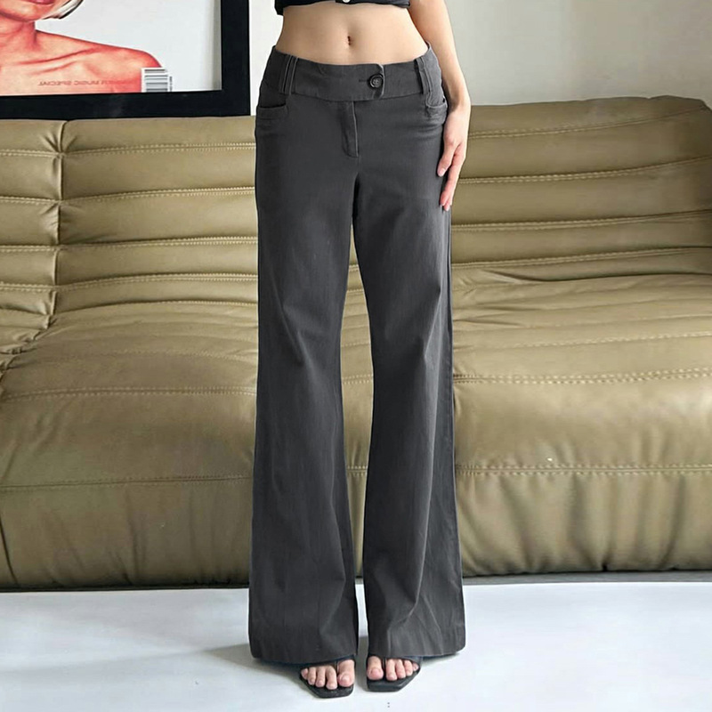 低腰微喇叭辣妹灰色休闲西裤女2025夏季宽松显瘦百搭直筒梭织长裤|undefined
