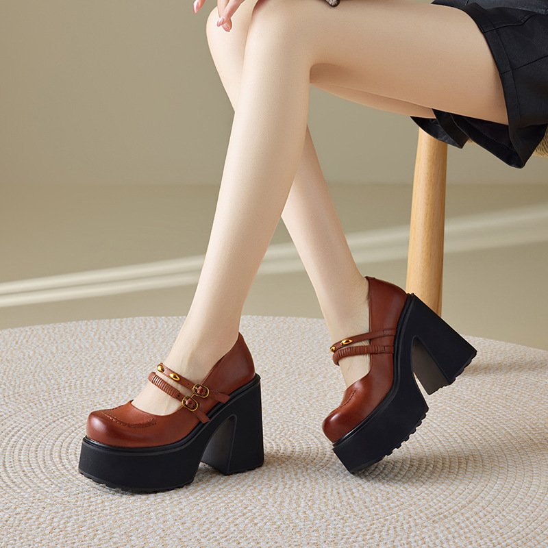 Giày Mary Jane nữ đế dày 12 cm phong cách cổ điển học sinh — màu nâu
