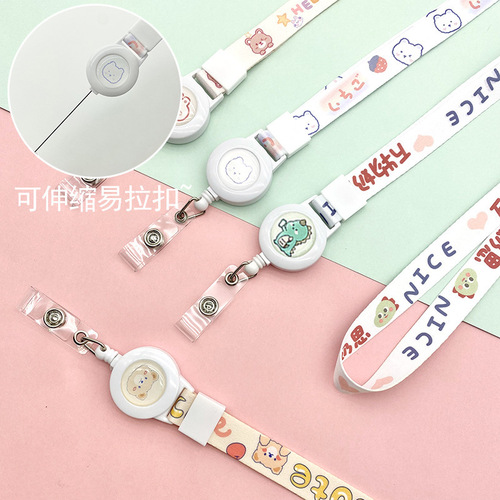 Cartoon retractable easy-pull buckle lanyard wholesale student card holder hanging neck long rope adjustable work badge card chest card sling