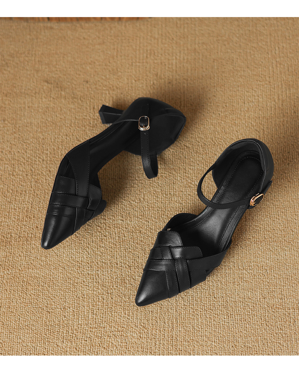 Giày sandal cao gót nữ quai ngang mũi nhọn da cừu gót 5,5 cm — đen chi tiết 24