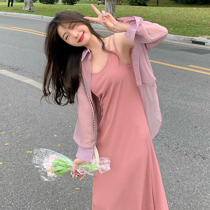 High-End Design Double-Shoulder Strap Dress for Women, Summer 2026 New Style, Loose Fit, Slimming, Inner Wear, Over-The-Knee Tank Dress