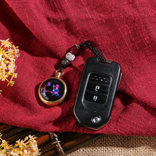 Retro brass zodiac handle piece with glazed luminous twelve zodiac signs handmade braided rope car keychain