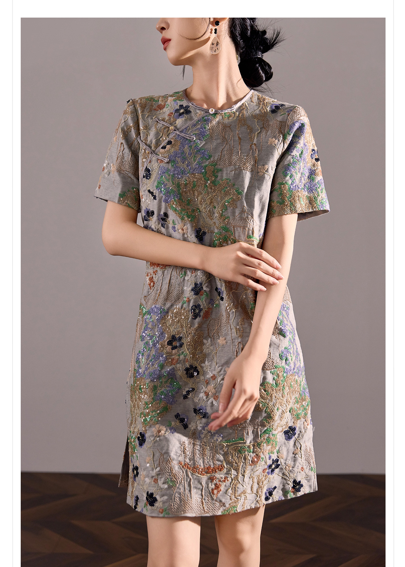 Váy ngắn thêu sequin phong cách Trung Hoa mới mùa hè M4239 — Màu xám chi tiết 15