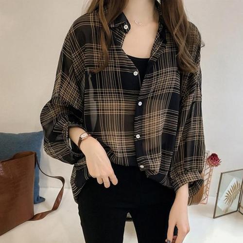 Plaid shirt women's summer  new Korean style loose Hong Kong style retro versatile student chiffon sun protection jacket