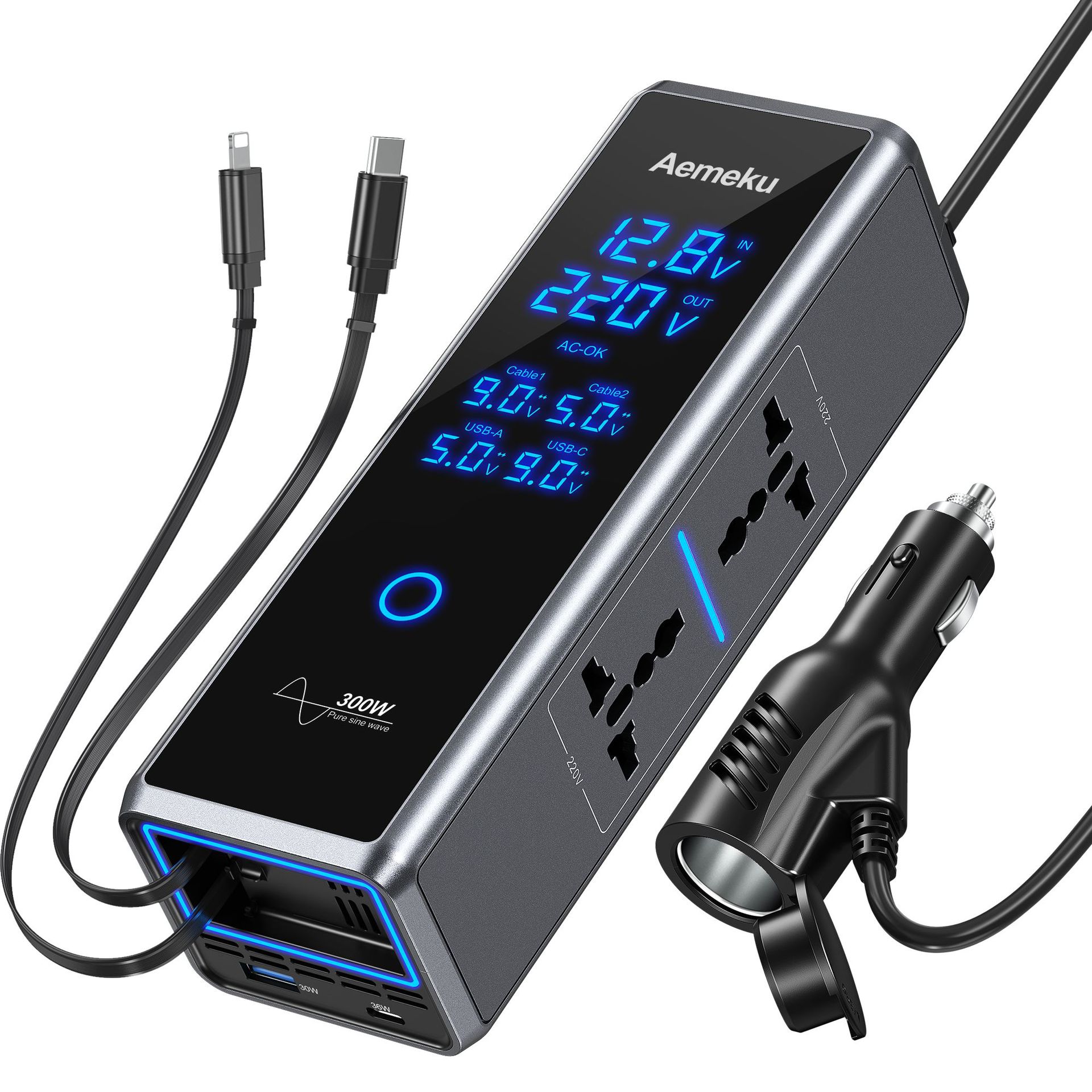 跨境新款热销300W数显12V/24V转220V正弦波车载逆变器多功能电站