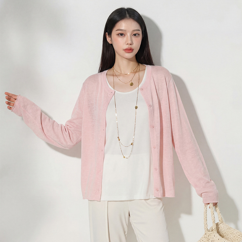 Dopamine Pink Round Neck Knit Cardigan for Women, Summer Lyocell Versatile Long Sleeve Thin Sunscreen Jacket Top Dopamine Pink Round Neck Knit Cardigan for Women, Summer Lyocell Versatile Long Sleeve Thin Sunscreen Jacket Top