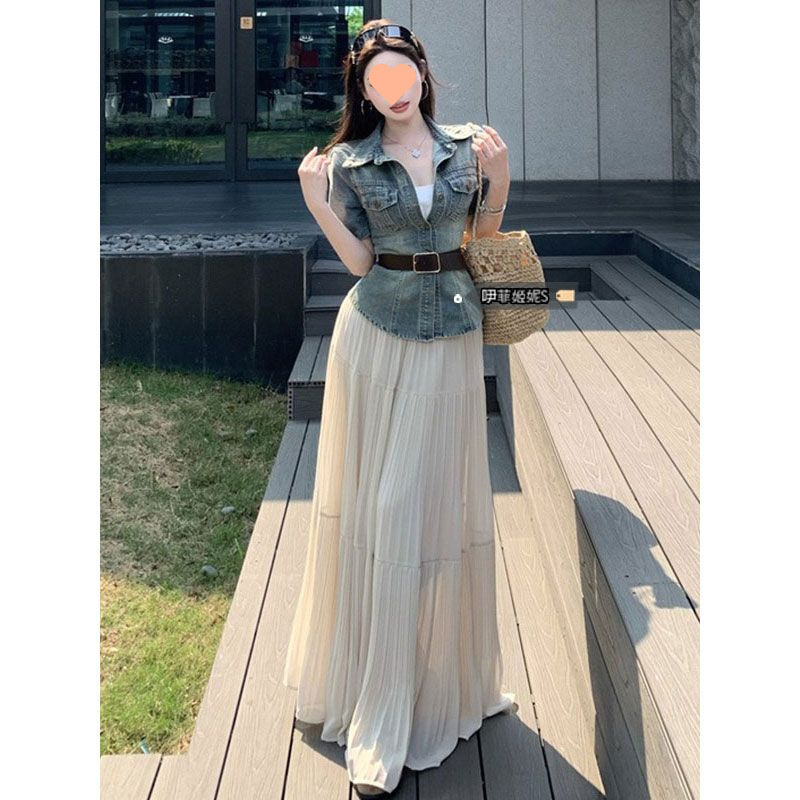 데님탑+롱스커트 투피스세트+프리벨트