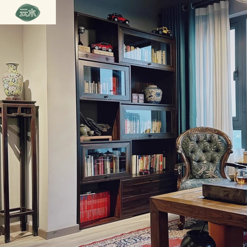 Living Room Storage Bookshelf American Retractable Bookcase Storage Cabinet Integrated Floor-To-Ceiling Display Cabinet with Glass Door