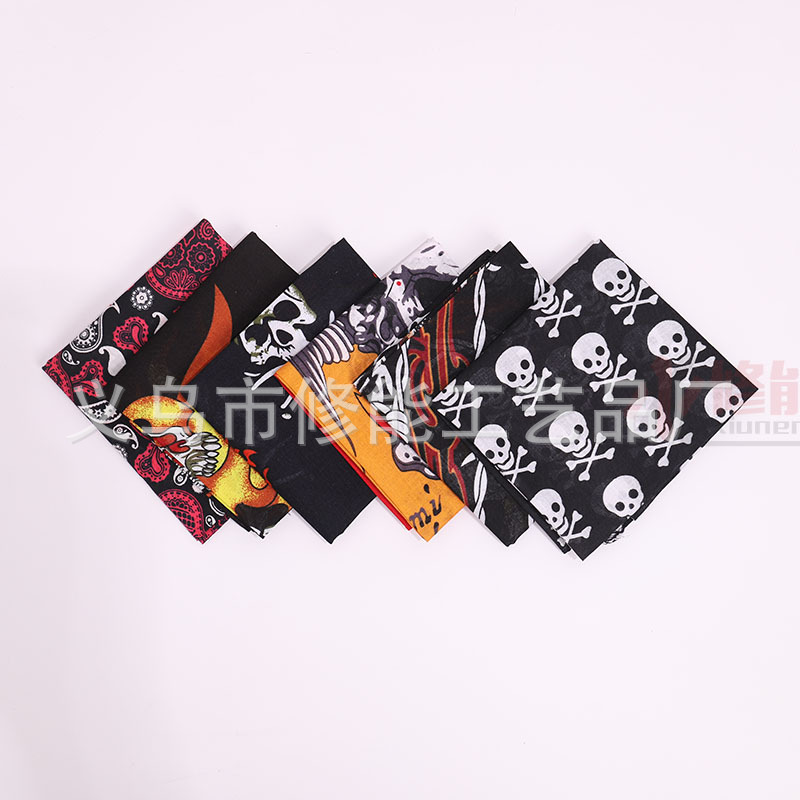 Spot 54cm Pure Cotton Skull Printed Square Scarf Hip-Hop Rock Outdoor Cycling Scarf European and American Popular Hot Sale