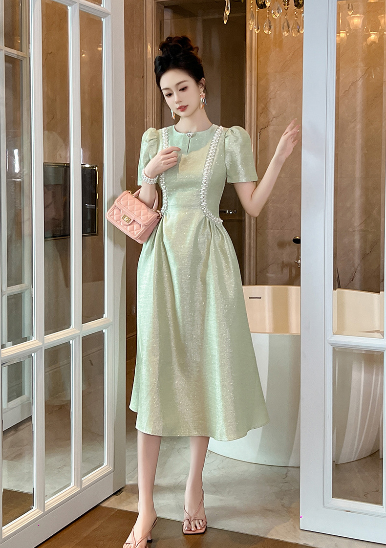 Đầm maxi nữ cổ tròn đính đá thắt eo xòe dáng dài — Xanh bạc hà chi tiết 5