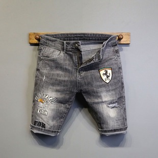 Embroidered Denim Shorts Men's 2025 Summer Thin Trendy Brand Slim-fit Straight Stretch Five-point Trendy All-match Trousers