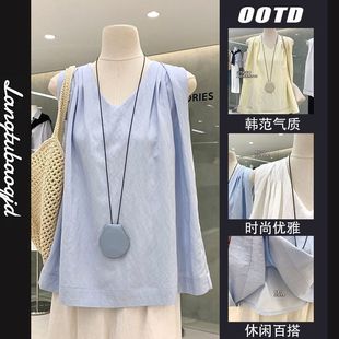 Western-Style Blogger Style V Neck Pleated Sleeveless Vest Top 2025 Spring and Summer New Women's Beautiful Versatile Shirt