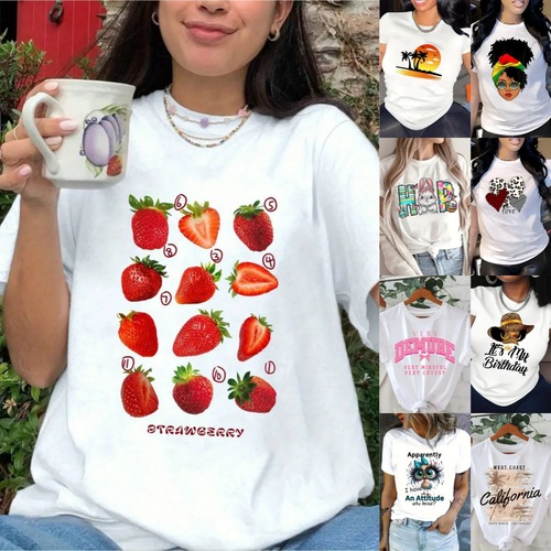 TEMU Pre-approval Guaranteed Dropshipping Women's Short Sleeve Amazon AliExpress Shopee Western Cherry Crew Neck Top